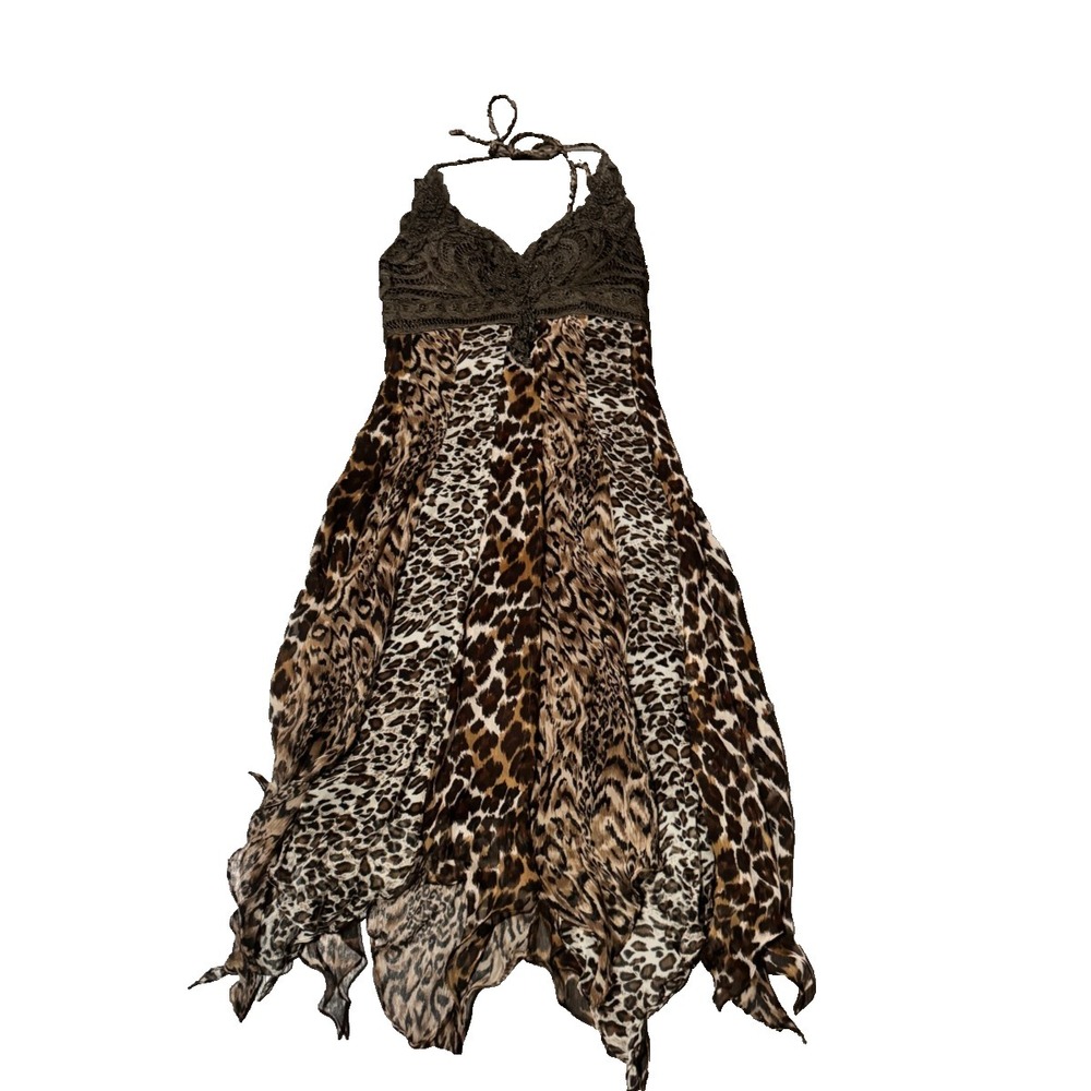 Cache Silk Leopard Midi babydoll Dress 6 Y2K Vintage Animal Print Fairycore - Picture 2 of 7